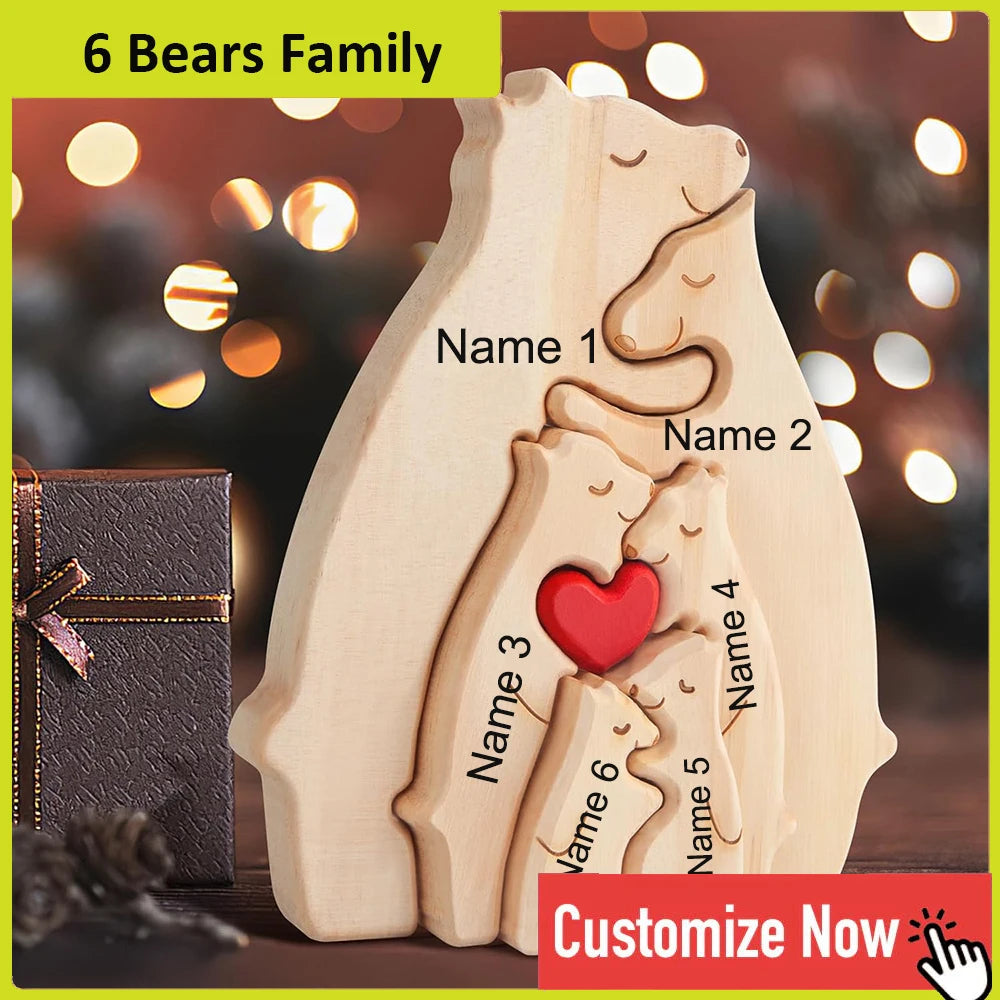 Personalized Custom Bear Family Wooden Puzzle – DIY Name Engraved Sculpture Figurine for Home Desk Decor, Christmas & Birthday Gift