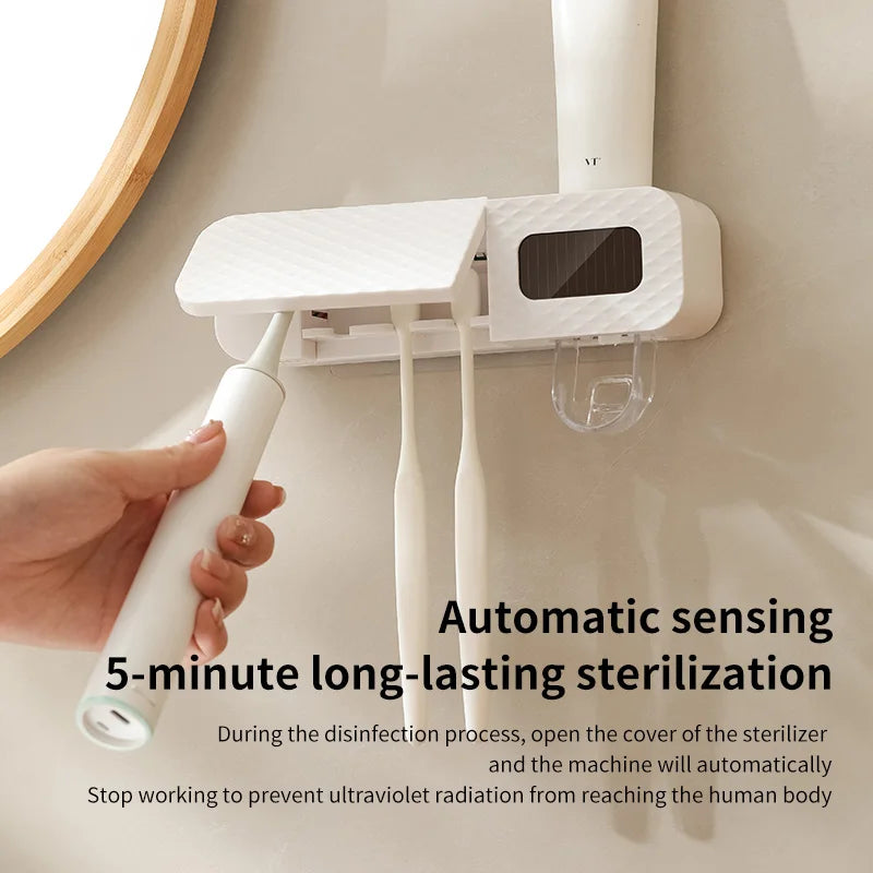 Smart Wall-Mounted Toothbrush Holder – 3-Slot Toothbrush Drying Rack with UV Sterilization & Toothpaste Dispenser