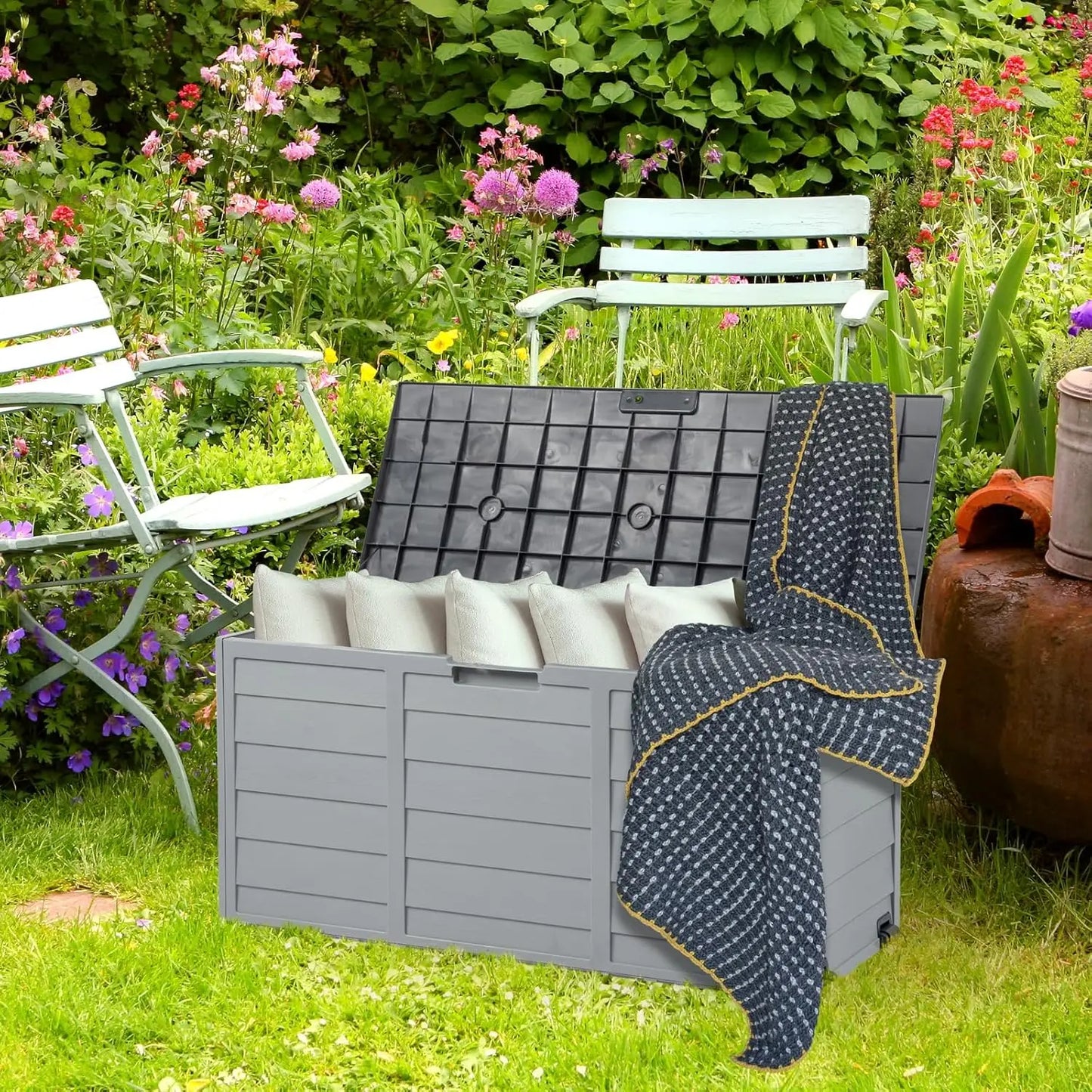 Upgraded 75-Gallon Outdoor Storage Box – Lockable Plastic Deck Box with Lid for Patio, Garden, Yard & Poolside