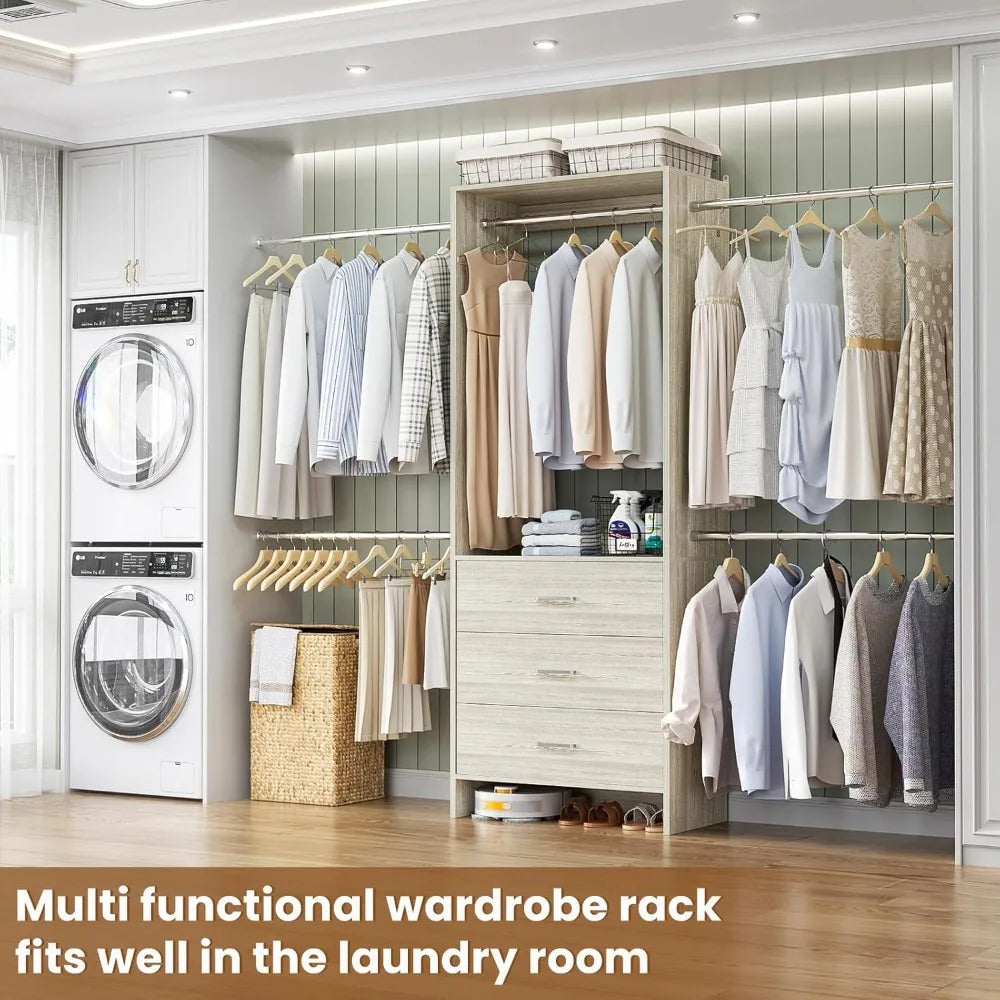Closet Organizer System with 3 Wooden Drawers – Walk-in Wardrobe Organizer for Home Storage