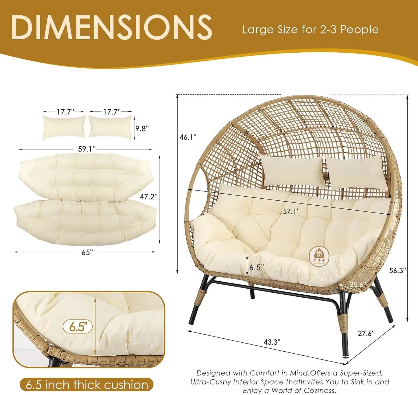 Oversized 2-Person Egg Chair with Thick Padded Cushions – Indoor/Outdoor Double Egg Loveseat, 680 lbs Capacity, Stationary Wicker Lounge Chair for Patio, Porch, Bedroom