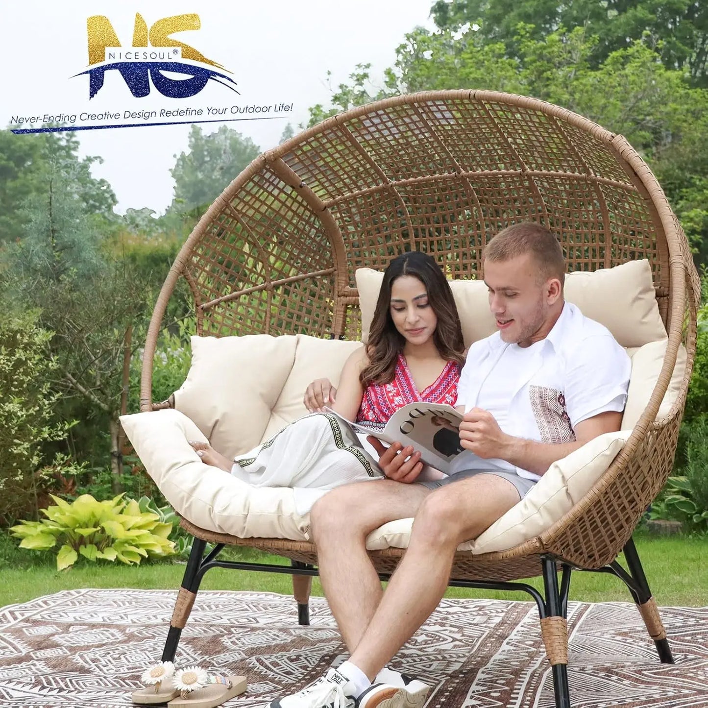 Oversized 2-Person Egg Chair with Thick Padded Cushions – Indoor/Outdoor Double Egg Loveseat, 680 lbs Capacity, Stationary Wicker Lounge Chair for Patio, Porch, Bedroom