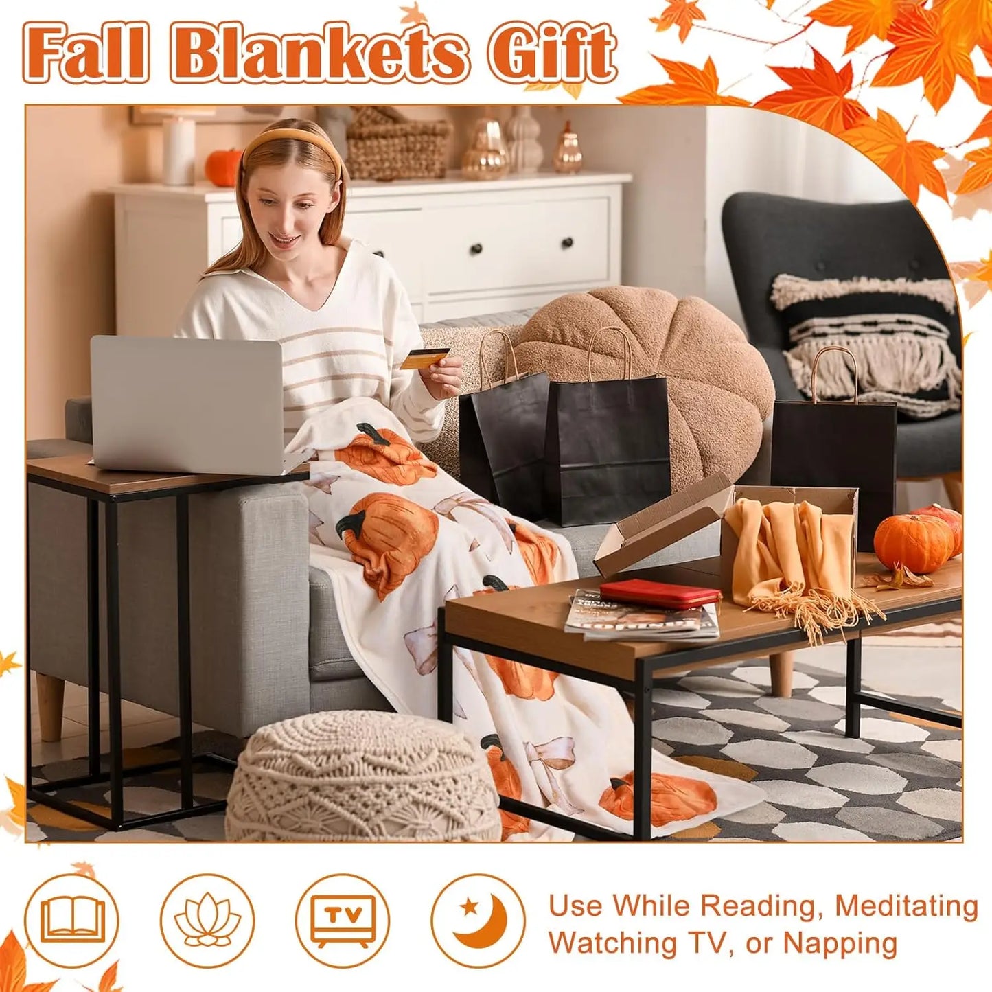 4 Pcs Fall Throw Blankets – Soft Warm Autumn Flannel with Pumpkin, Maple, Plaid & Little Ghost Patterns, Cozy for Thanksgiving & Halloween