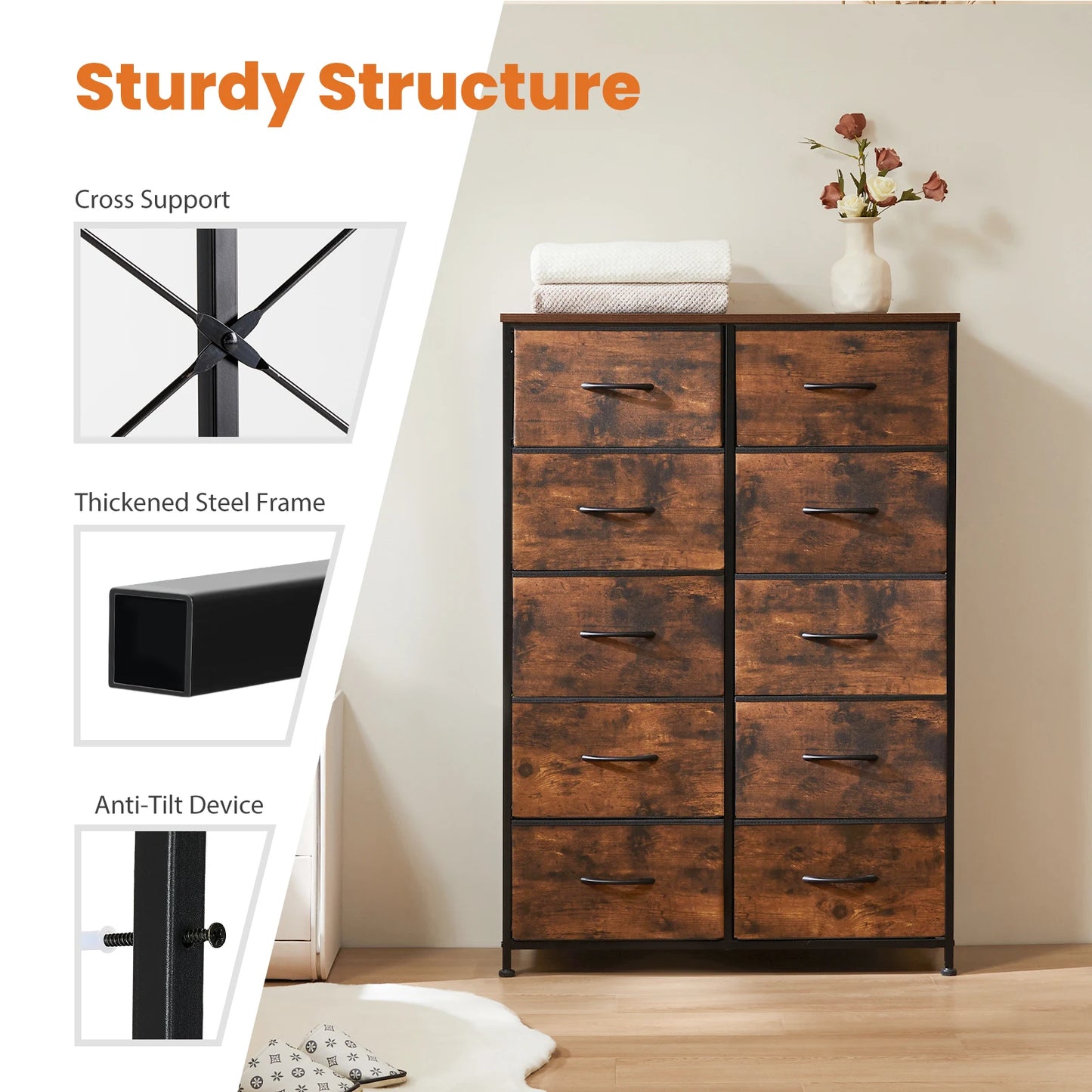 JHK Bedside Table with 10 Fabric Drawers — Stylish Steel Frame Storage Cabinet for Bedroom & Living Room