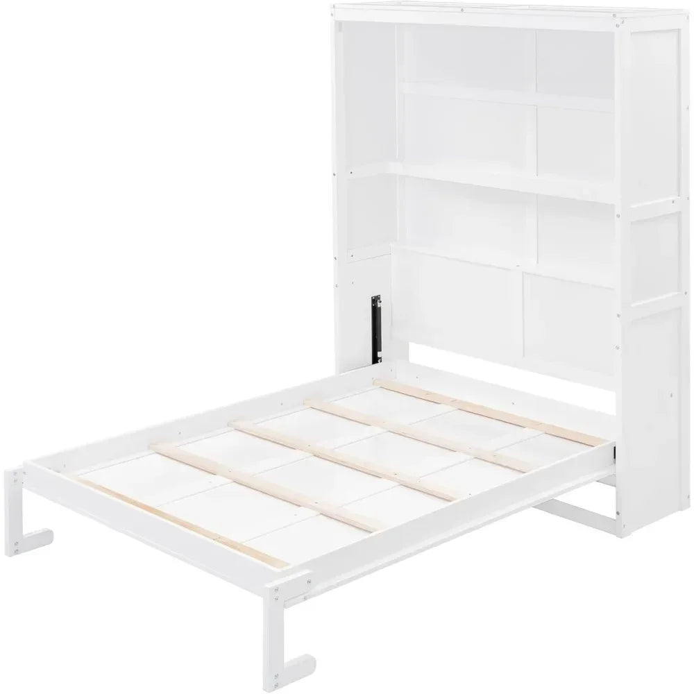 Full Size Murphy Cabinet Bed with Shelves – Space-Saving Wooden Wall Bed for Home Office or Small Rooms, White
