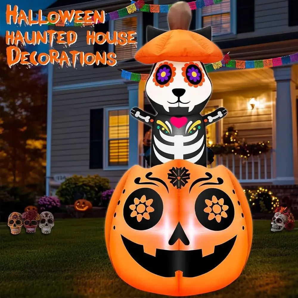5 Ft Inflatable Halloween Decoration – Animated Cat on Pumpkin Day of the Dead Yard Decor with LED Lights