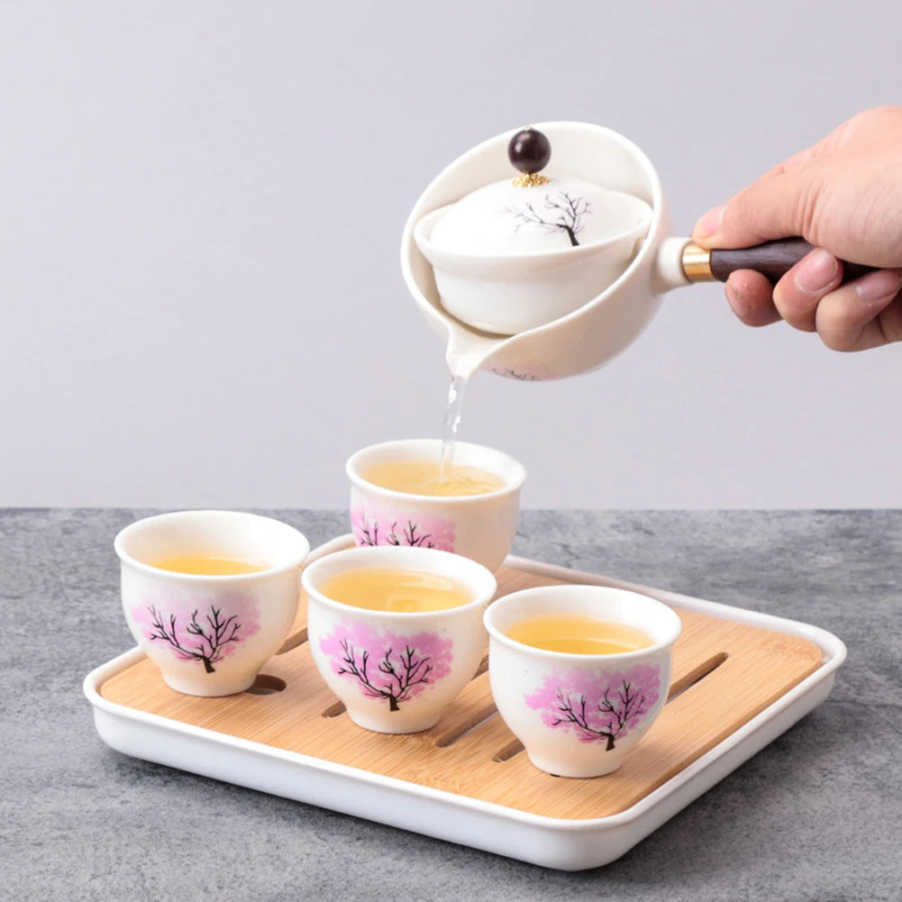 Portable Chinese Gong Fu Tea Set – 360° Rotating Semi-Automatic Ceramic Teapot with Infuser, Compact Teaware for Home, Office & Travel