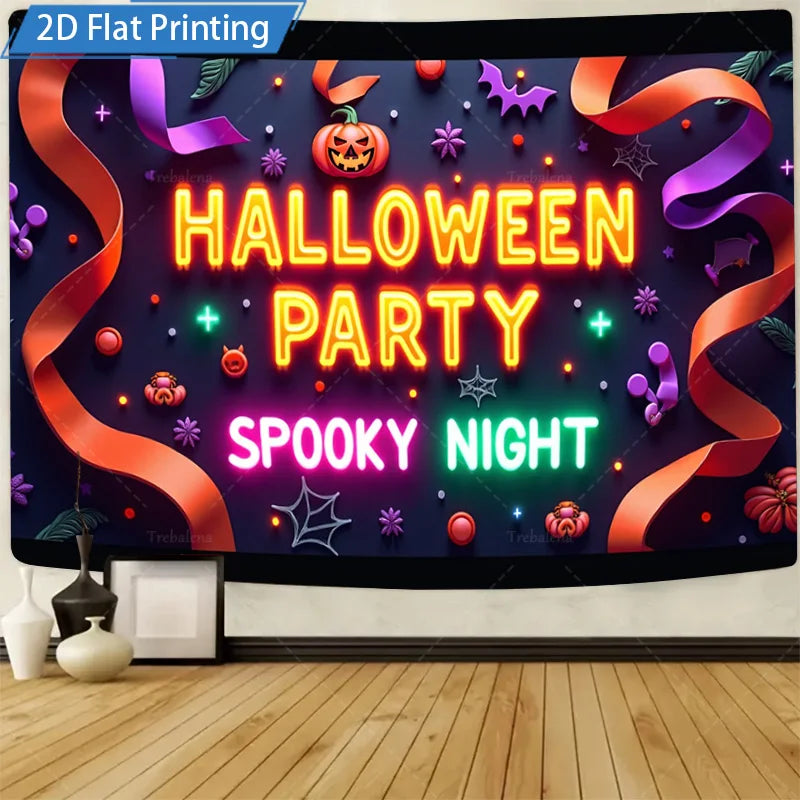 Halloween Wall Tapestry – Monsters, Skulls & Pumpkins, Spooky Welcome Décor for Home, Bedroom, or Party