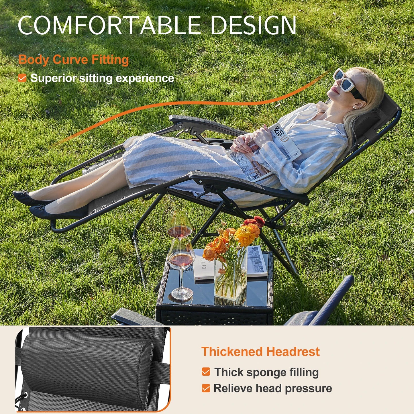 JHK Zero Gravity Lounge Chair Set of 2 – Portable Recliner Chairs with Cup Holder Trays & Adjustable Headrests for Patio, Camping, Garden, or Poolside