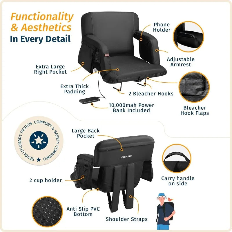 Alpcour Heated Massage Reclining Stadium Seat – 21" Wide Padded Bleacher Chair with Back Support, Armrests & Cushion for Bleachers