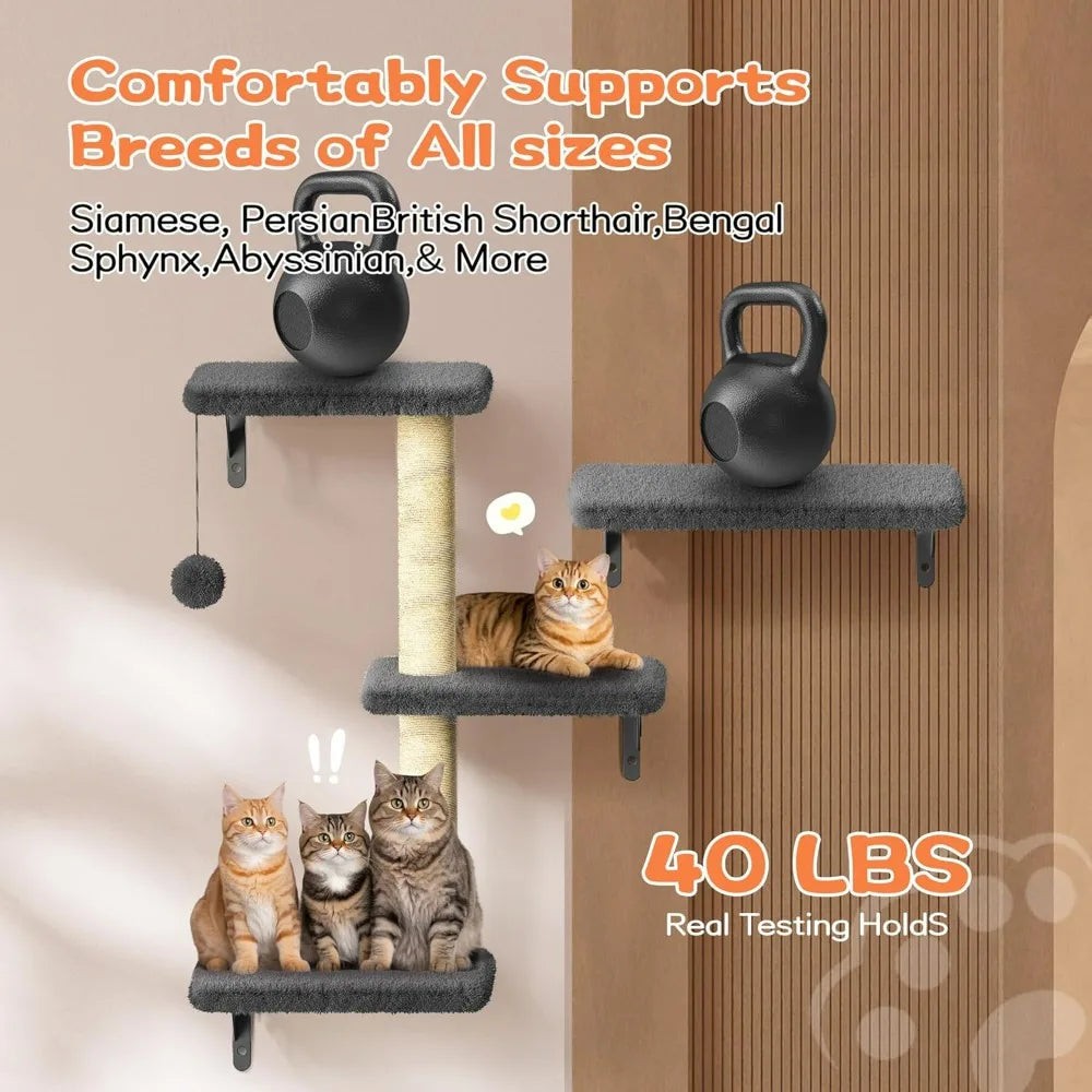 6 in 1 Pet Walls Shelves Set with Wooden Cat Climber, House, Bridge, Tree, Steps