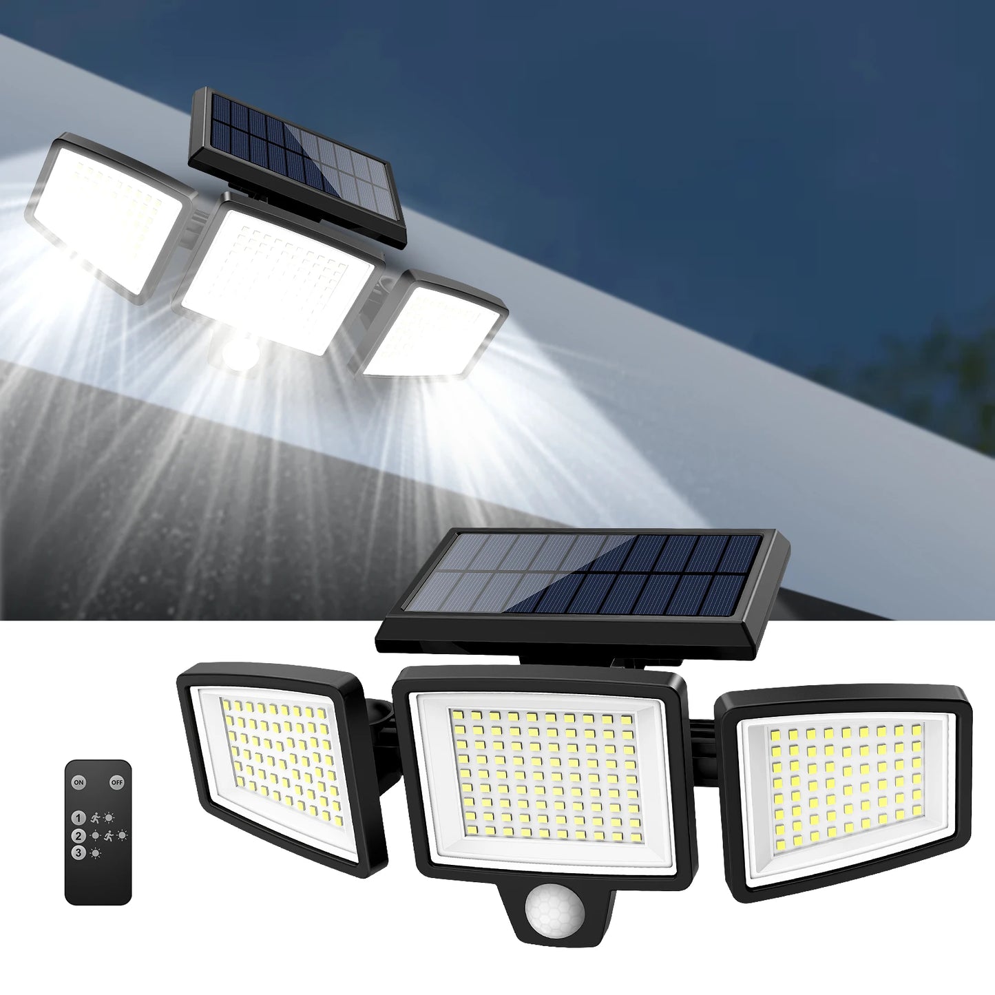 IP65 Waterproof Triple Head Outdoor Solar Light – 210 LED, 2500LM Motion Sensor Security Light for Porch, Garage, Patio, and Yard Entrance