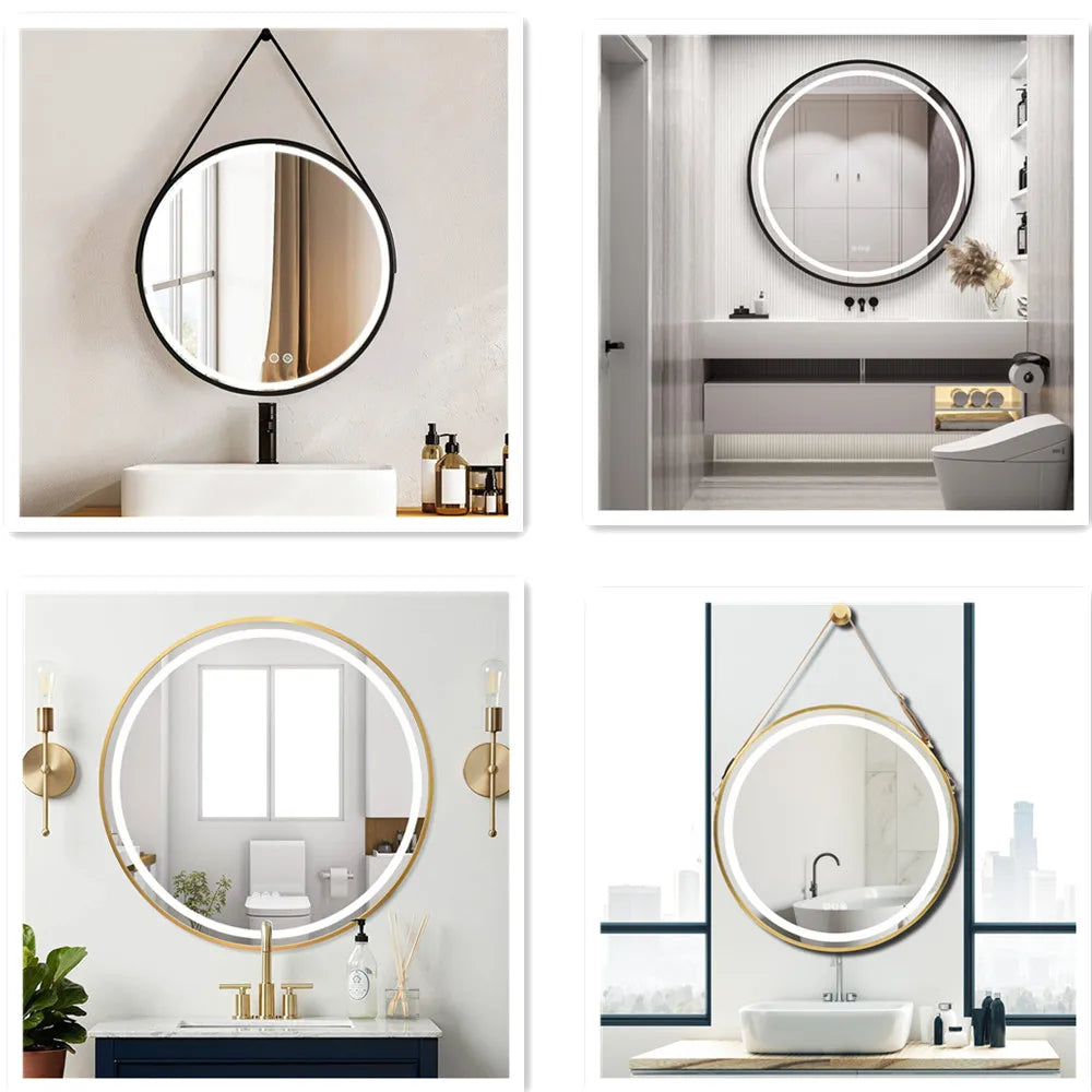 LUVODI Round Dimmable LED Bathroom Mirror – Fogless Smart Mirror with Black Gold Frame & Detachable Hanging Rope