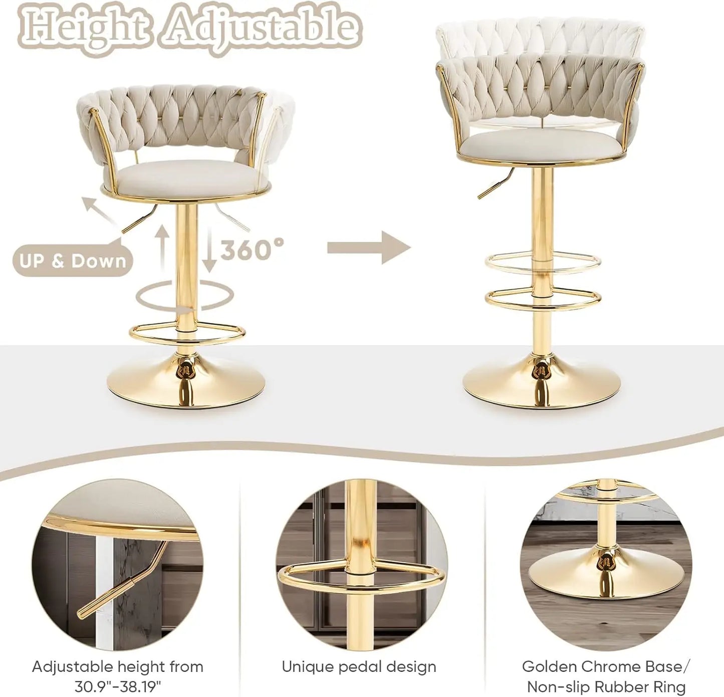 Swivel Velvet Bar Stools – Set of 3 Adjustable Counter Height Modern Bar Chairs