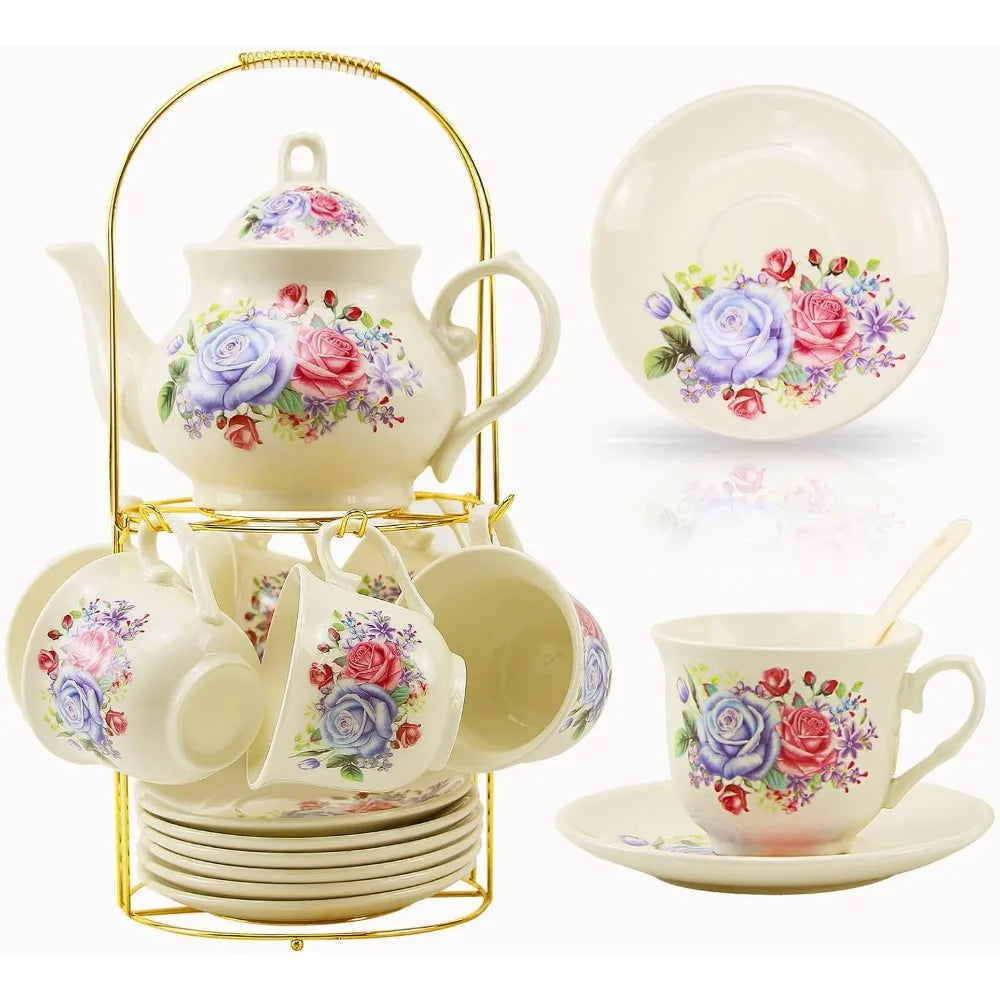 20-Piece Bone China Tea & Coffee Set with Gold Metal Rack – Elegant Porcelain Gift Set for Home, Parties, and Special Occasions (010)