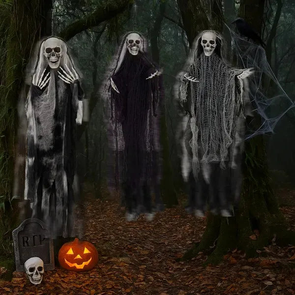 4.6FT Large Hanging Skeleton Ghosts – 3-Pack Grim Reaper Halloween Decorations with Bendable Arms for Spooky Poses