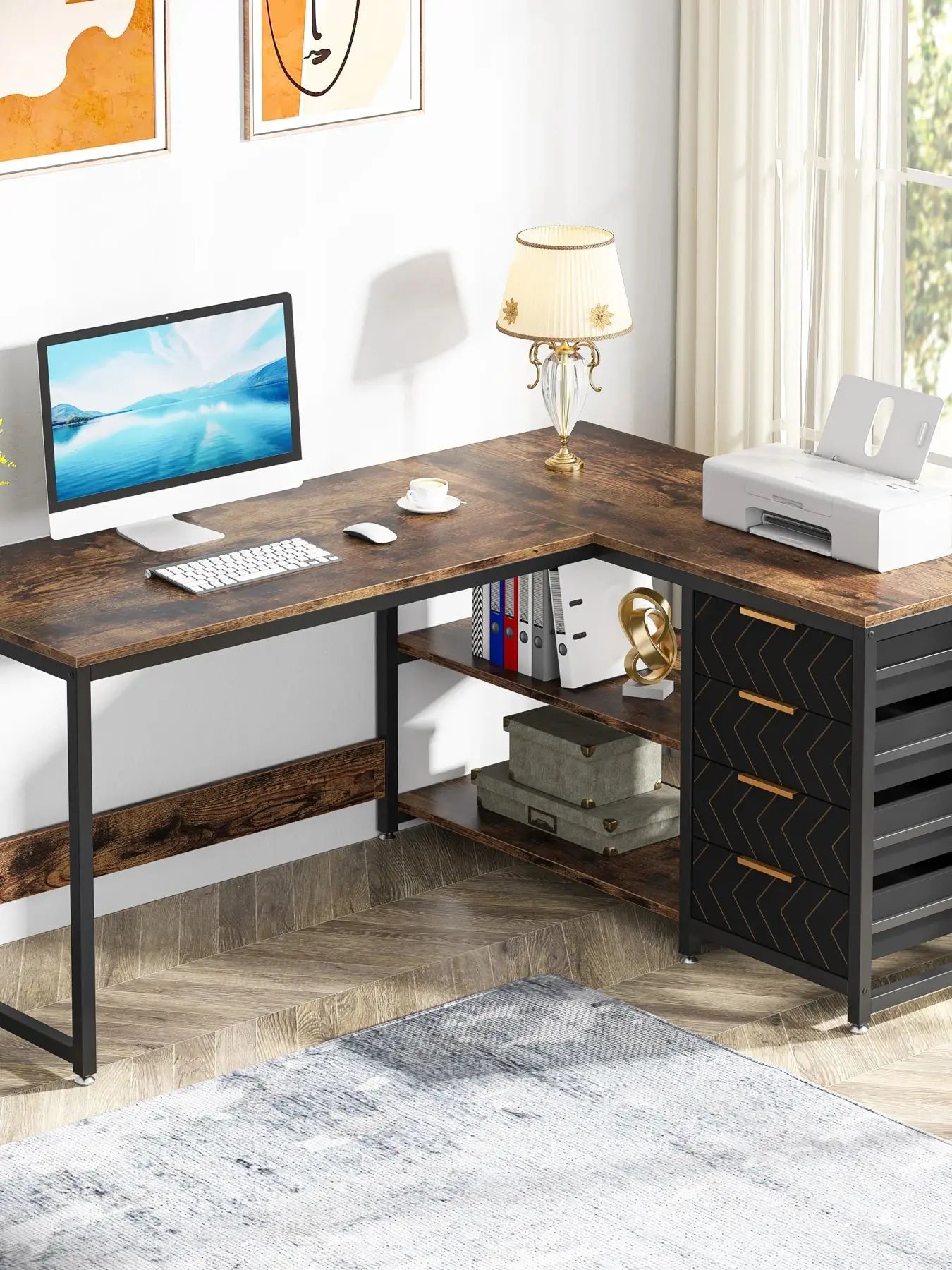 Tribesigns 59" L-Shaped Computer Desk – Reversible Corner Desk with Storage Drawers & Shelves
