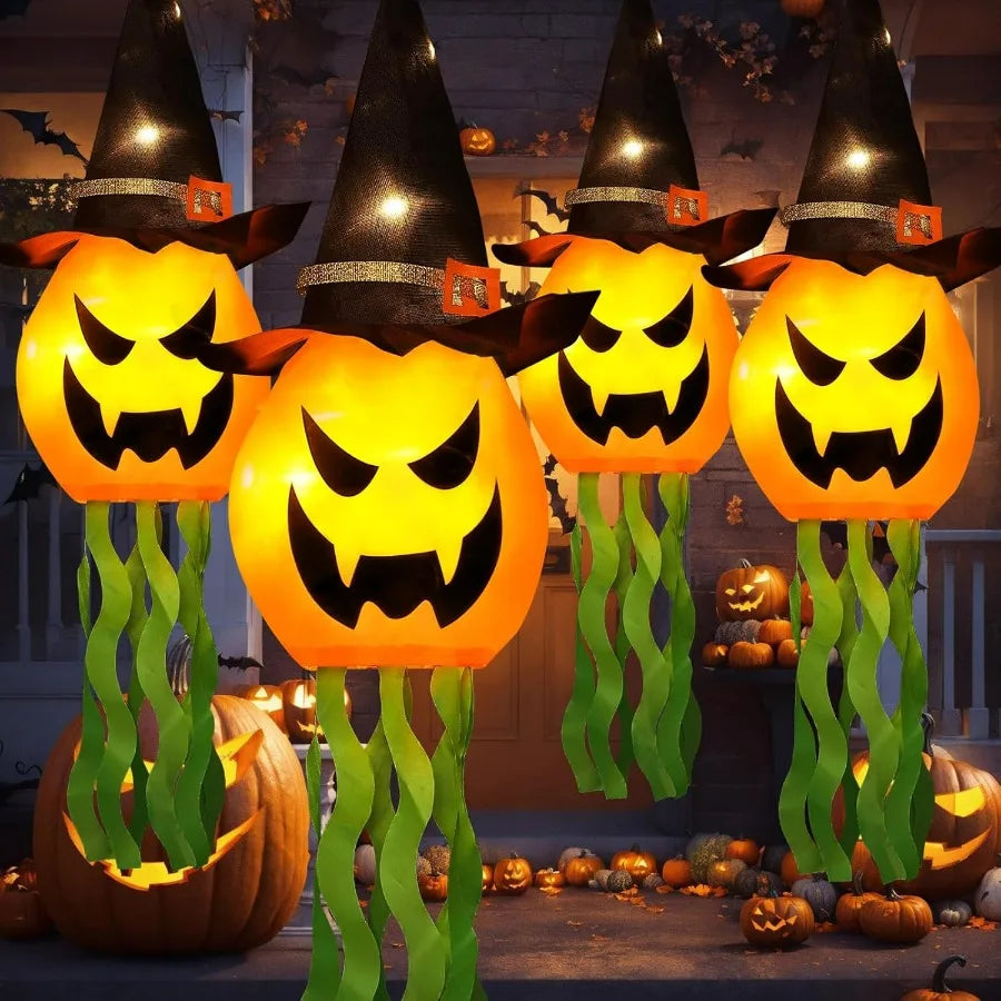 Hanging Lighted Glowing Pumpkin Witch Hat – Outdoor Halloween Decoration with 3 Lighting Modes