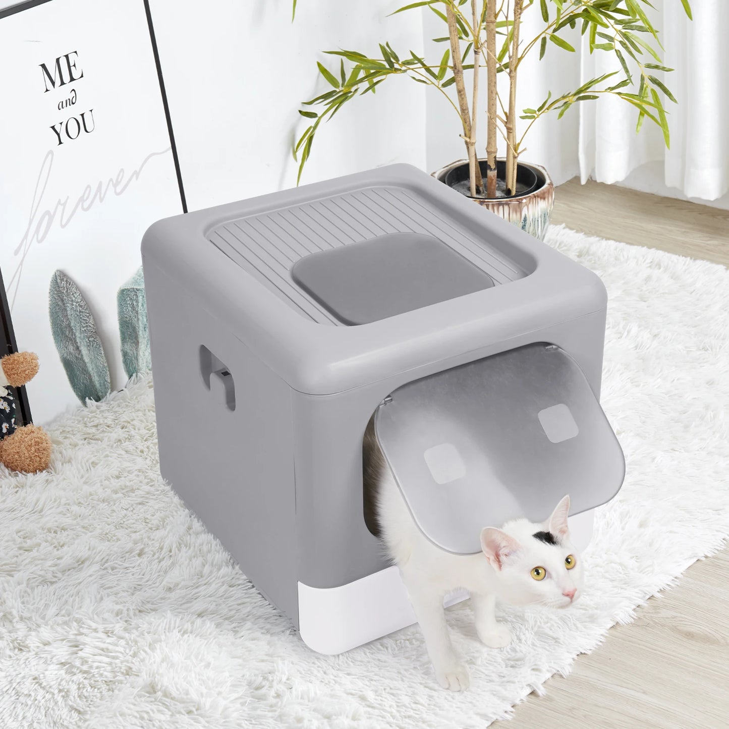 Enclosed Foldable Cat Litter Box with Scoop and Tray