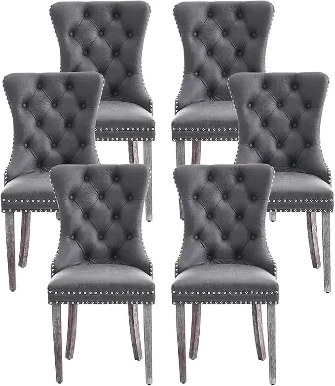 Leather Dining Chairs Set of 6 – Upholstered Wingback Dining Chairs with Nailhead Trim & Solid Wood Legs – Luxury Dining Room Side Chairs