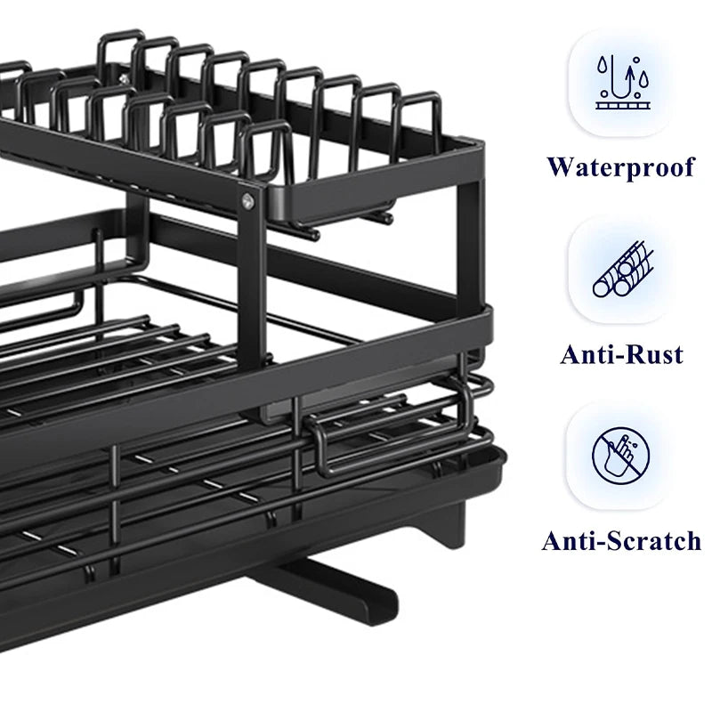 Large Dish Drying Rack for Kitchen Counter – Rustproof Black Dish Drainer with Drainboard, Adjustable Swivel Spout & Utensil Holder
