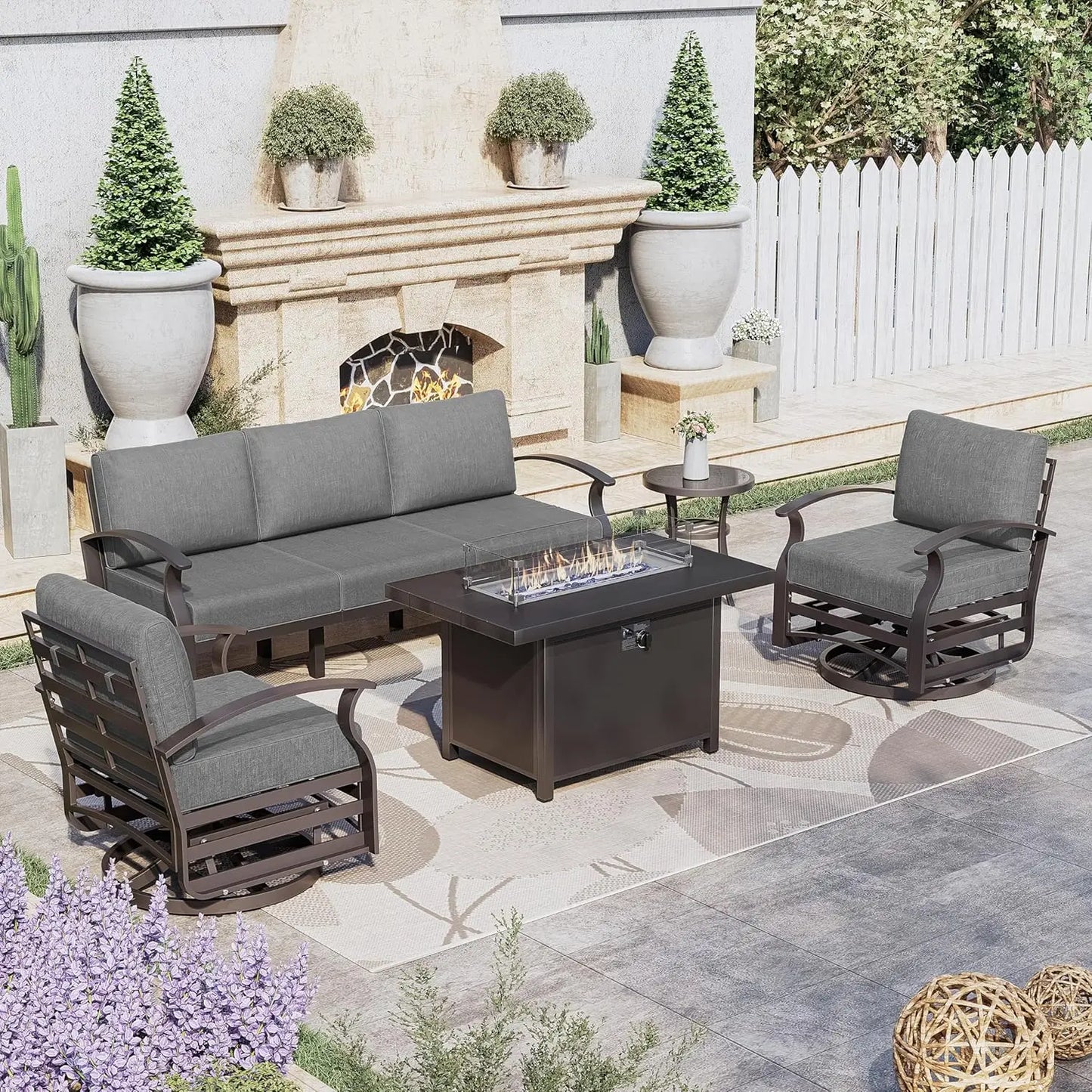 Aluminum Patio Furniture Set with Fire Pit Table – Swivel Chair Metal Sectional Sofa with Upgraded Cushions for Outdoor Patio, Deck, or Backyard