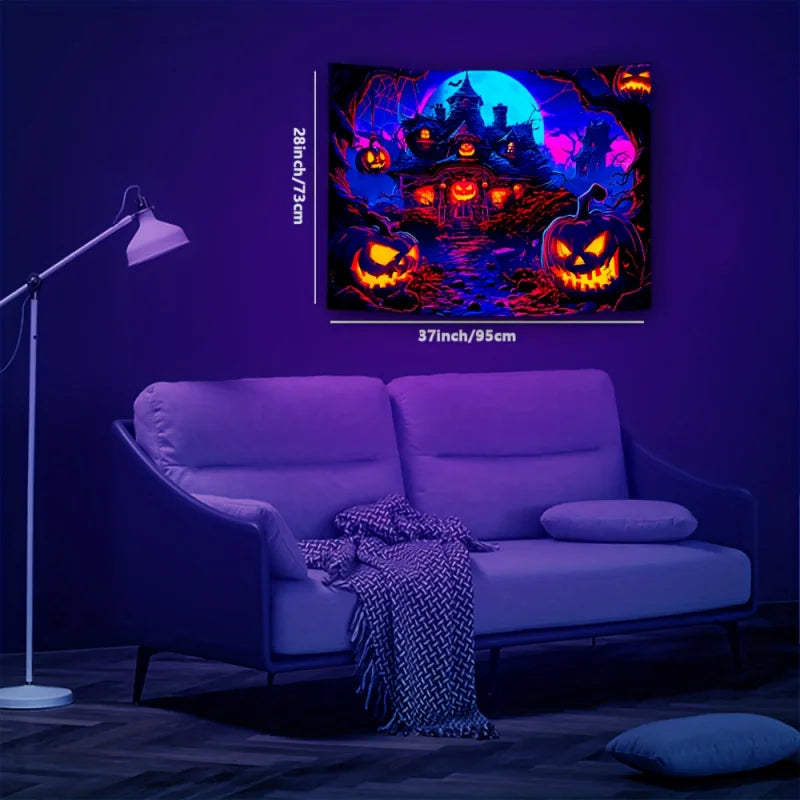 Glow-in-the-Dark Pumpkin House Wall Tapestry – Halloween Party & Home Décor with Easy Install Kit