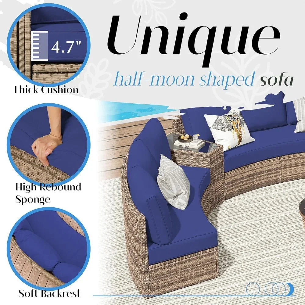 3-Piece Half-Moon Sectional Round Sofa Set with Cushions & Storage Wedge Table – Outdoor Patio Furniture for Garden, Poolside, Balcony & Backyard