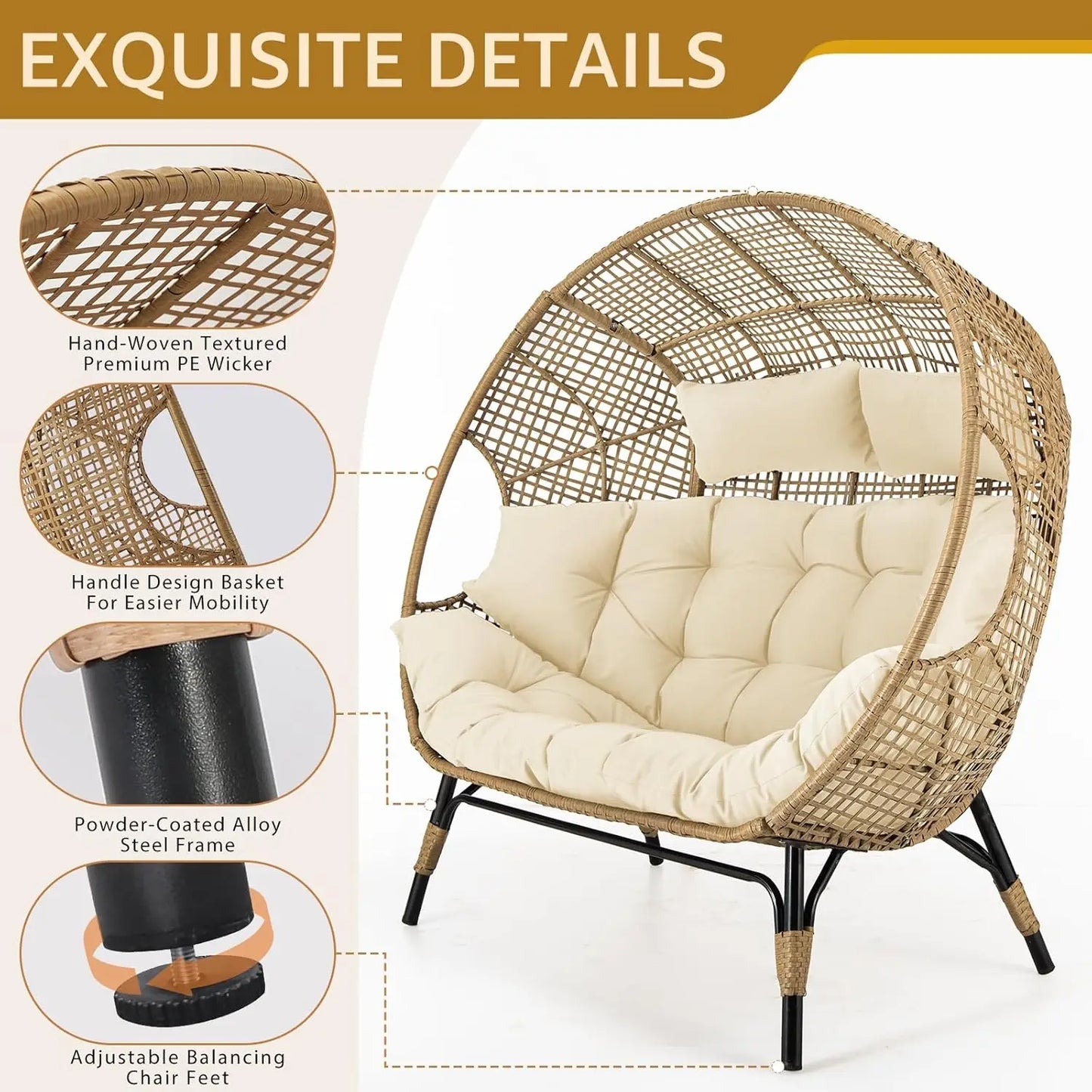 Oversized 2-Person Egg Chair with Thick Padded Cushions – Indoor/Outdoor Double Egg Loveseat, 680 lbs Capacity, Stationary Wicker Lounge Chair for Patio, Porch, Bedroom