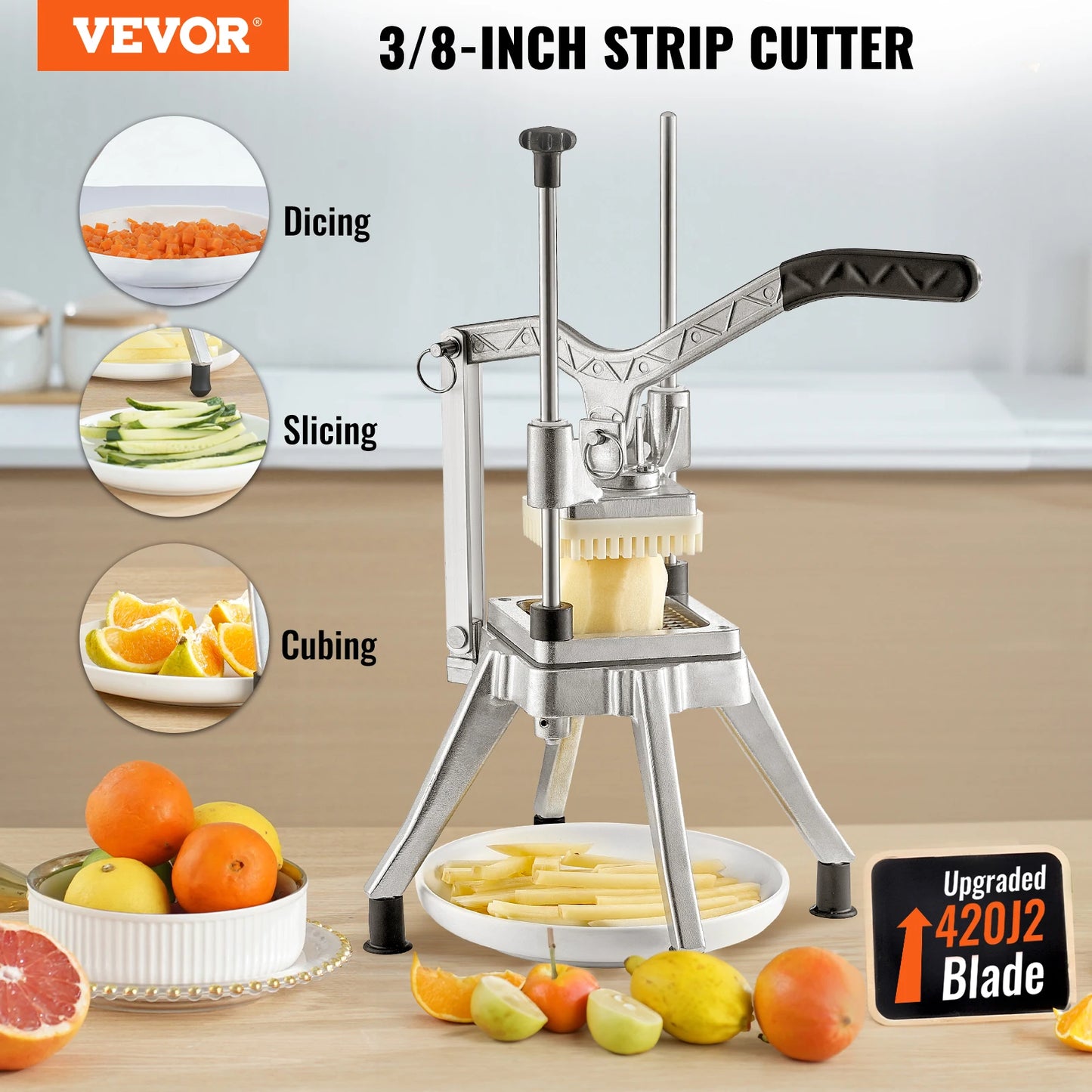 SucceBuy Commercial Vegetable Chopper – Stainless Steel Food Chopper with 4 Interchangeable Blades – Heavy-Duty Vegetable Cutter for Restaurants & Home Kitchens