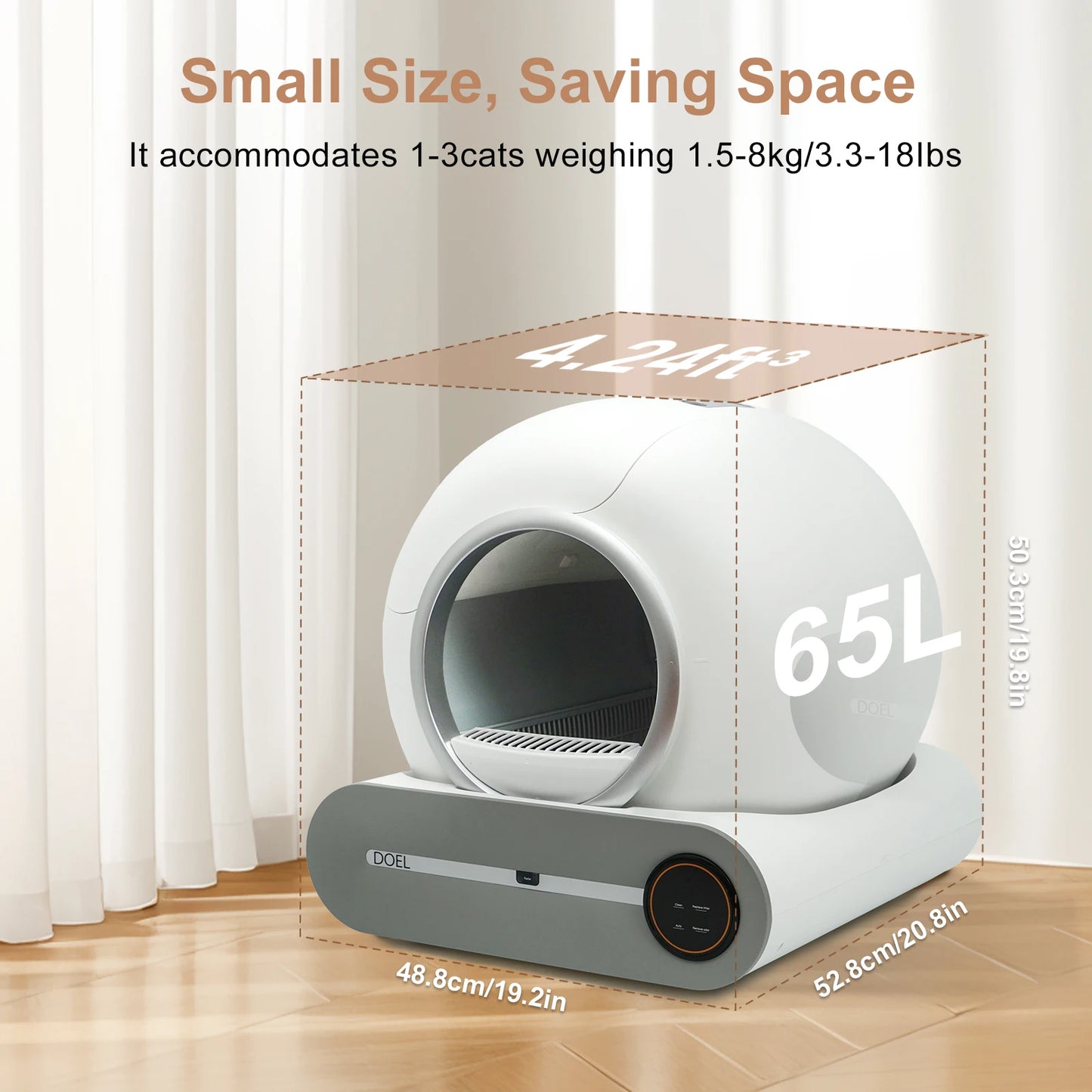 DOEL 65L Self-Cleaning Automatic Cat Litter Box – Smart App-Controlled, WiFi Enabled with Trash Bag & Litter Mat