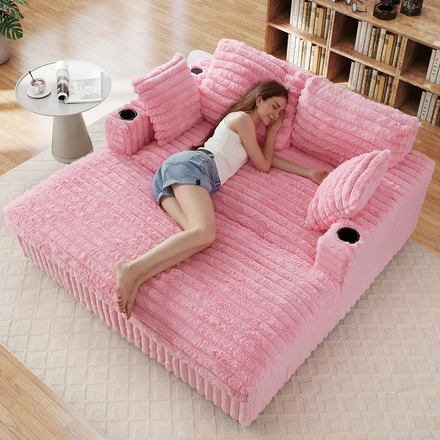 63" Plush Faux Rabbit Fur Corduroy Chaise Loveseat – USB Charging Station, Cup Holder & Pillows Included