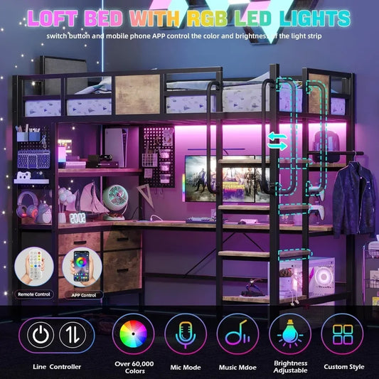 Twin Size Metal Loft Bed with L-Shaped Desk, LED Lights & Charging Station – Space-Saving Bunk Bed with Storage Shelves, 78" Length