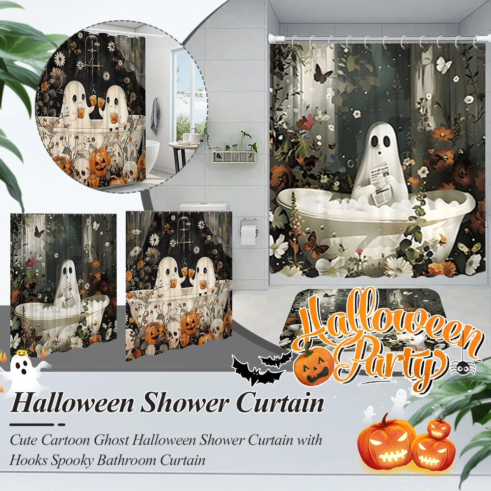 Cute Cartoon Ghost Shower Curtain Set Halloween Bathroom Curtain Polyester Fabric Bathtub Curtain with Hooks for Bathroom Decor