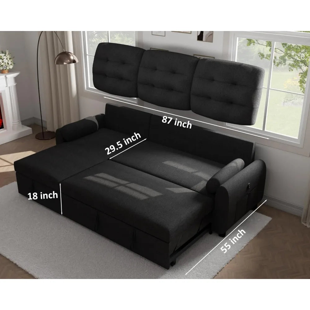 87" Sectional Sleeper Sofa Couch with Reversible Storage Chaise