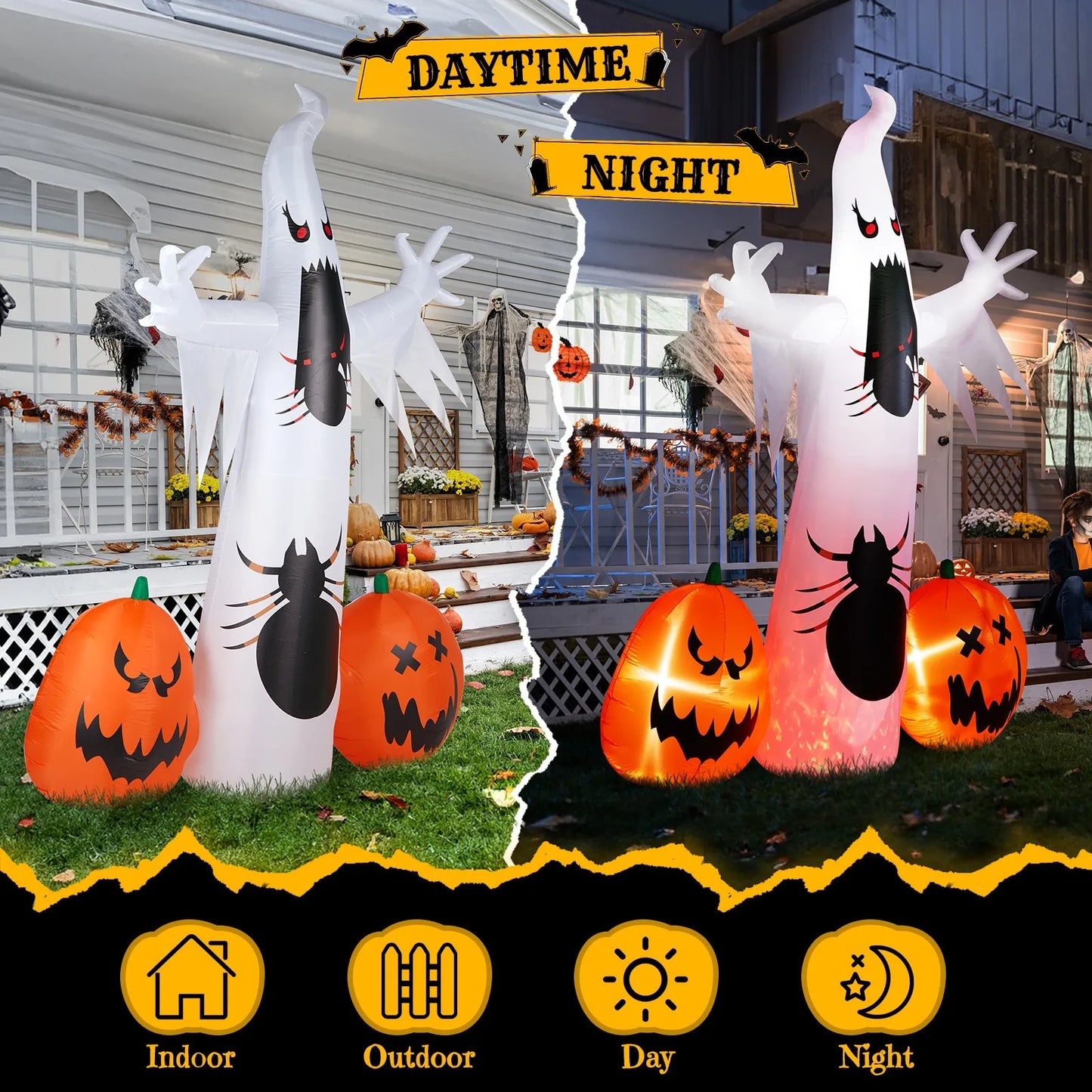 11.8FT Inflatable Halloween Ghost & Pumpkin – Giant Blow Up Yard Decoration with LED Lights, Weather-Resistant, Indoor/Outdoor Halloween Decor