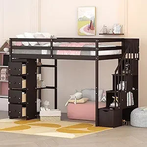 Full Size Loft Bed with Stairs, Storage Shelves & Bookshelf – Wooden Loft Bed Frame with Built-In Lights, Space-Saving Design for Kids, Teens, and Adults