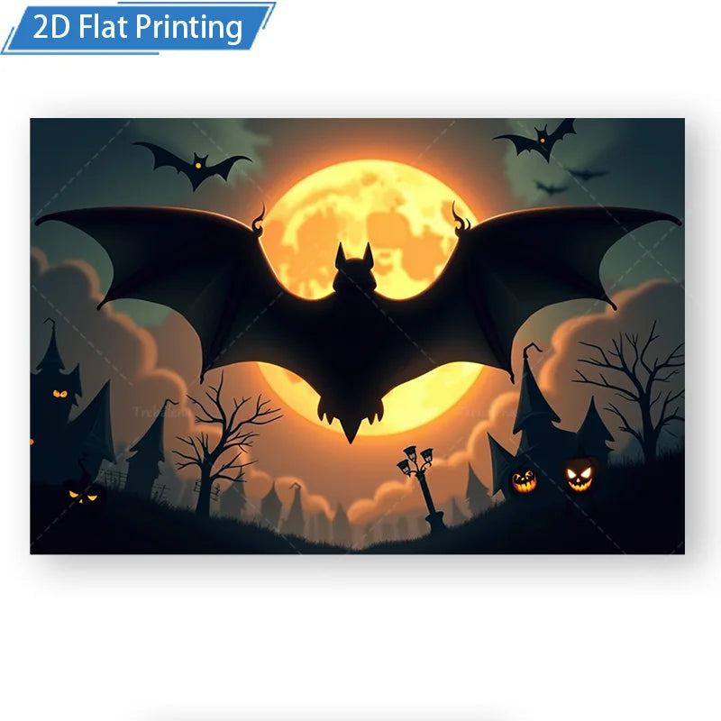 Halloween Wall Tapestry – Bat Silhouette with Full Moon & Spooky Pumpkins, Gothic Horror Décor for Home, Bedroom, or Party