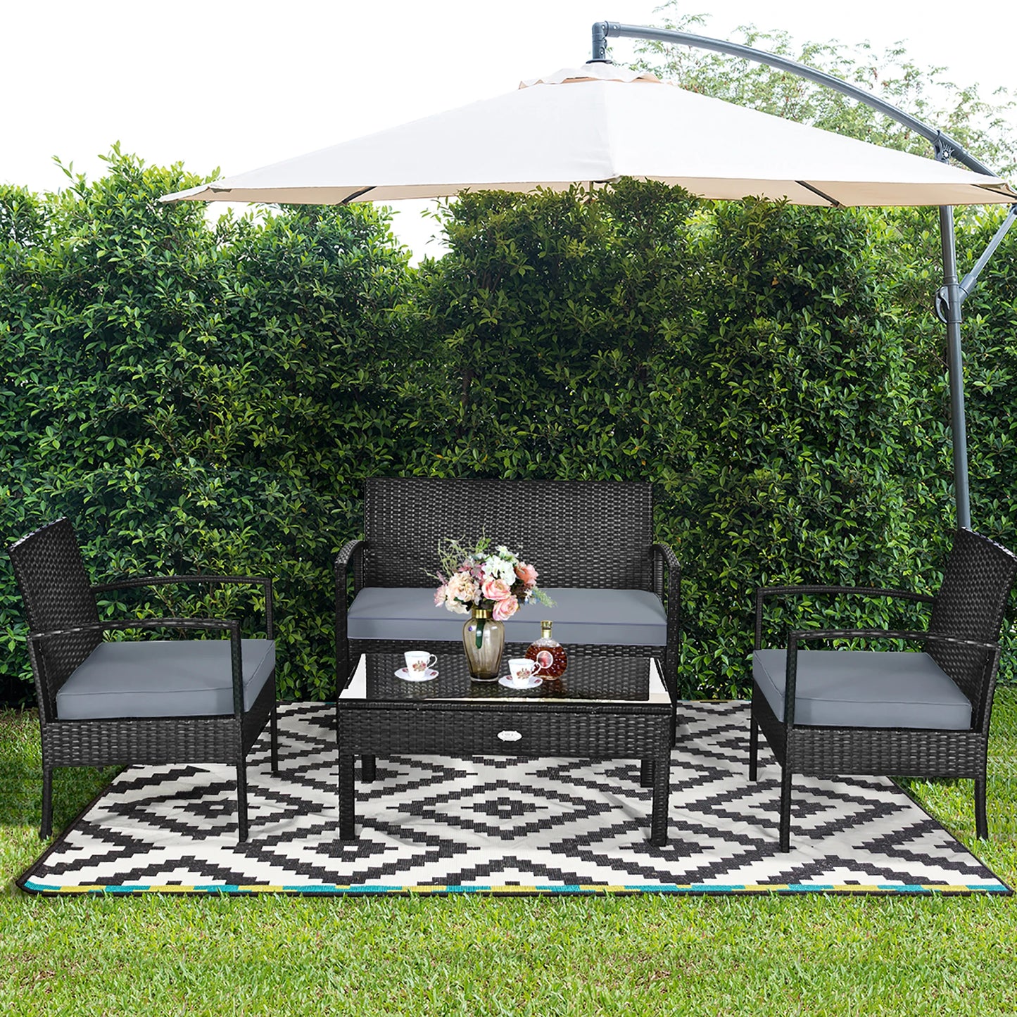 4pcs Black Rattan Wicker Furniture Set for Patio
