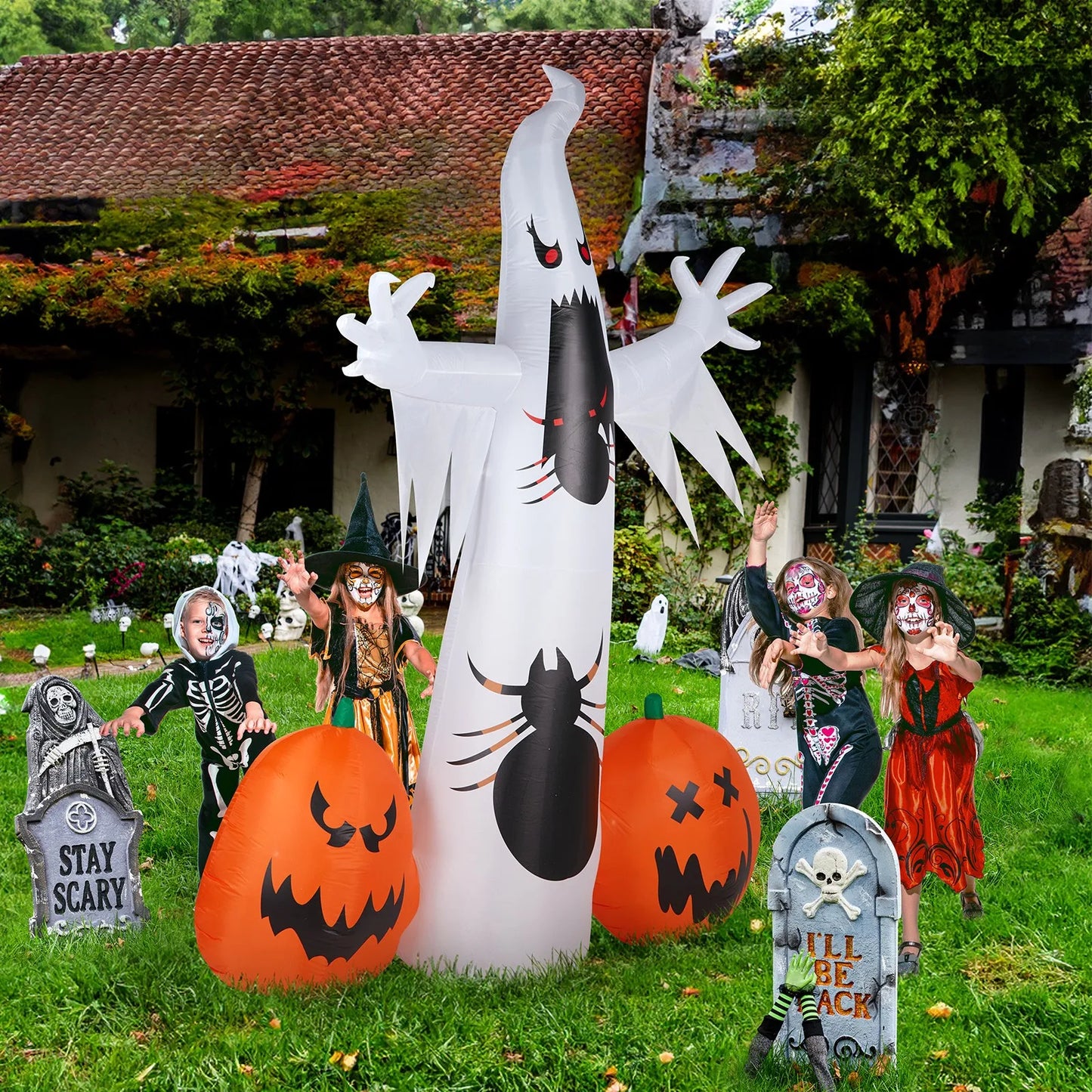 11.8FT Inflatable Halloween Ghost & Pumpkin – Giant Blow Up Yard Decoration with LED Lights, Weather-Resistant, Indoor/Outdoor Halloween Decor