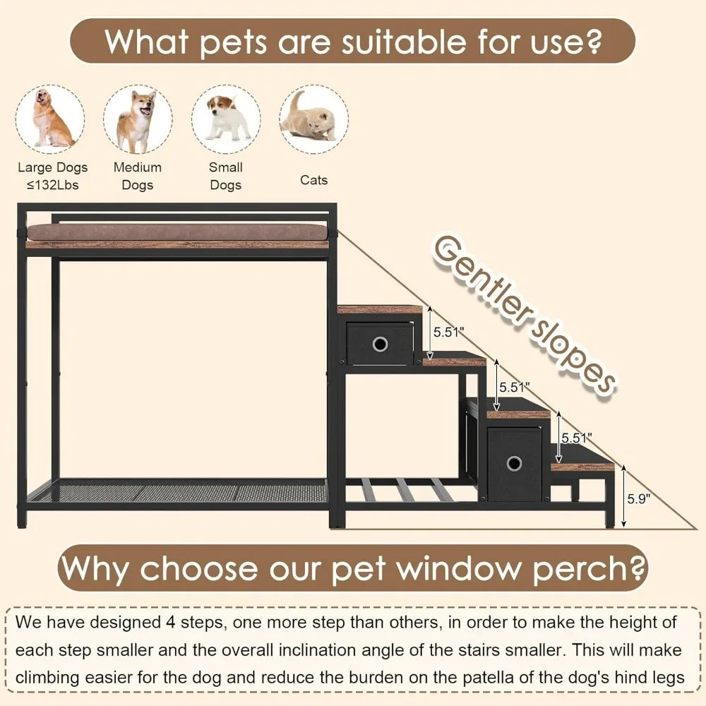 Pet Bunk Bed with Stairs & Storage – Multi-Level Elevated Dog & Cat Bed with Window Perch & Bedside Lounge