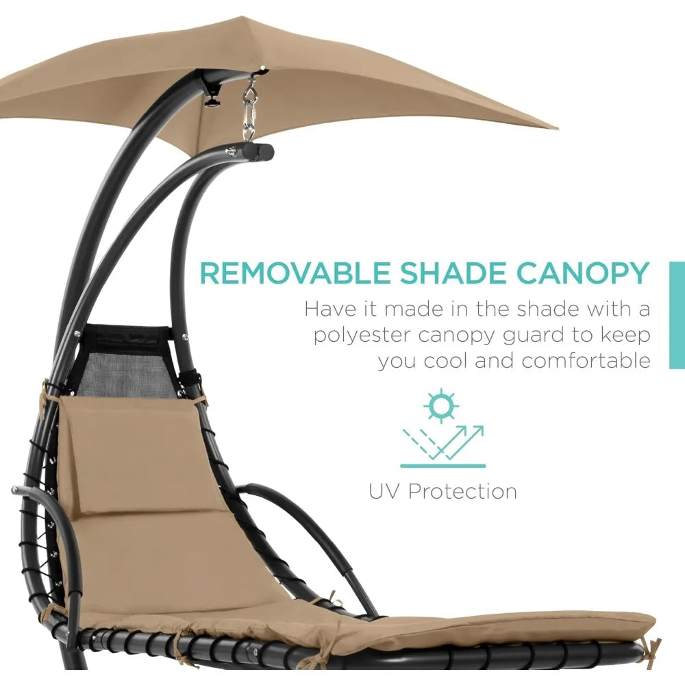Outdoor Hanging Curved Steel Chaise Lounge Chair Swing w/Built-in Pillow and Removable Canopy