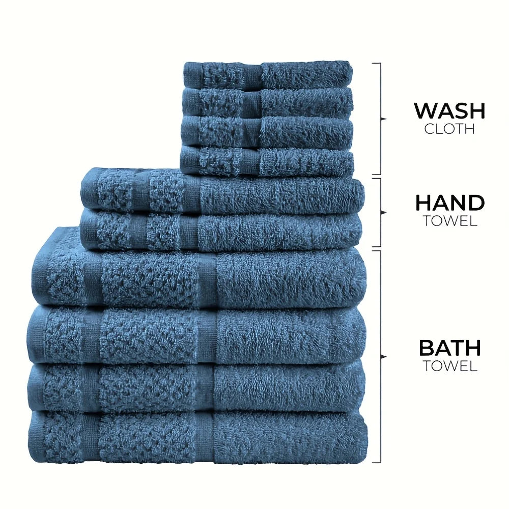 10-Piece Cotton Bath Towel Set – 4 Bath Towels, 2 Hand Towels & 4 Washcloths – Absorbent, Quick-Drying Solid Color Towels for Bathroom