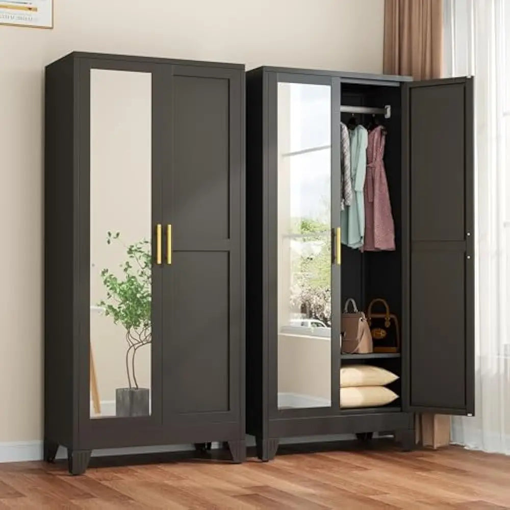71" Metal Armoire Wardrobe with 2 Mirrored Doors – Adjustable Shelves, Hanging Rod & Safety Anchor | Modern Storage Cabinet for Bedroom, Office & Laundry Room