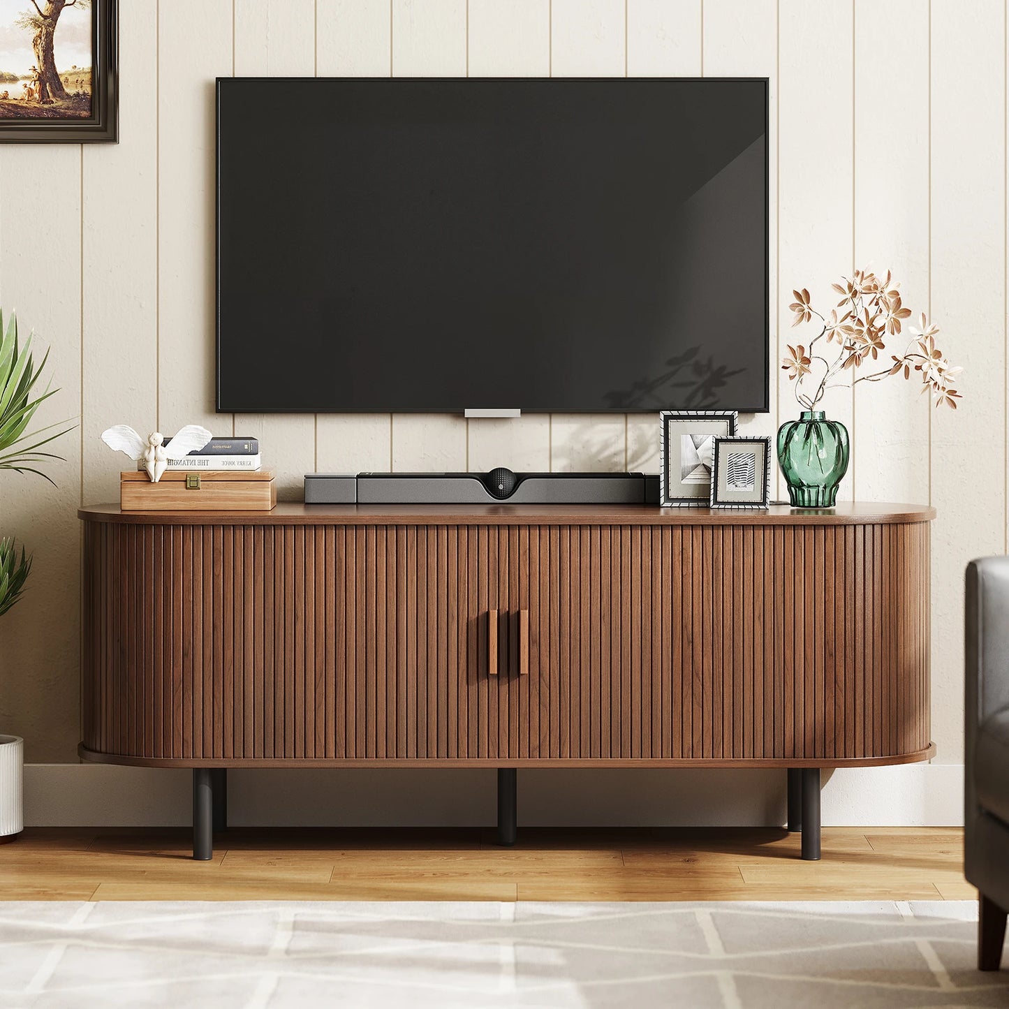 Modern TV Stand with Power Outlet – Entertainment Center with Sliding Doors, Adjustable Shelves & Storage for TVs up to 60/70"