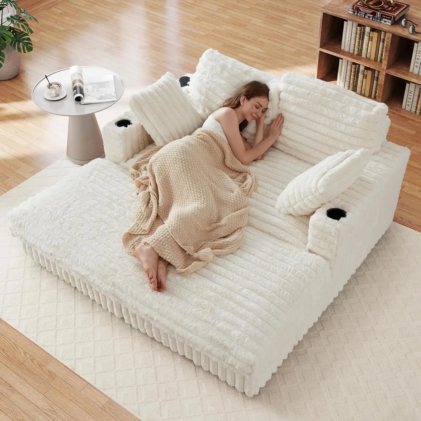 63" Plush Faux Rabbit Fur Corduroy Chaise Loveseat – USB Charging Station, Cup Holder & Pillows Included
