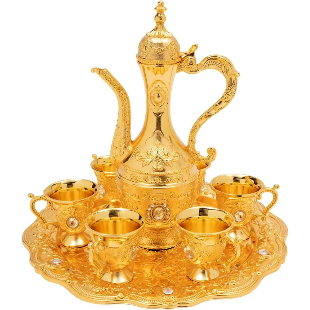 6-Piece Vintage Turkish Tea Set with Tray & Teapot – Large Capacity, Multi-Functional Metal Set for Tea, Coffee, or Wine (Gold)
