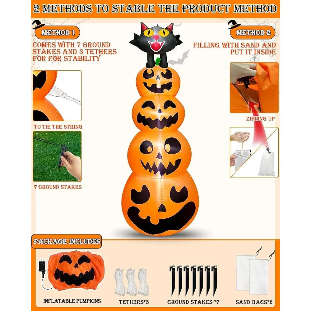 8FT Halloween Inflatable Pumpkin with Black Cat – Outdoor Blow Up Yard Decoration with LED Lights, Waterproof & Easy Setup