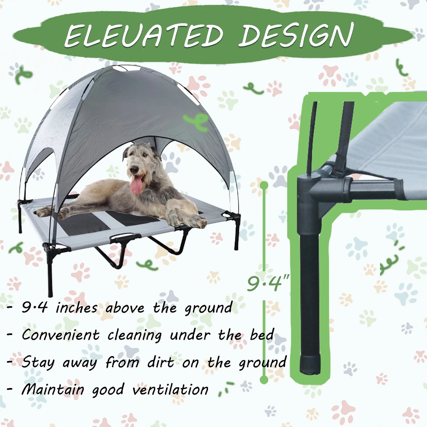 Elevated Dog Bed with Canopy – Large Portable Pet Cot with Anti-Scratch Oxford Fabric, Non-Slip Feet & Sun Shade – Indoor/Outdoor Summer Pet Lounger