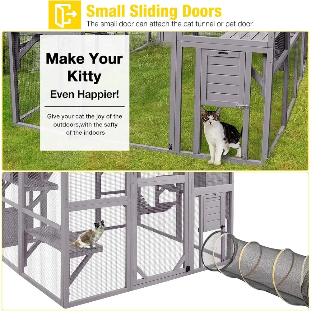 Outdoor Cat Catio Enclosure – Large Cat Run with Bridges, Walkways & Cozy Hideouts | Weather-Resistant Cat Playhouse for Multiple Cats